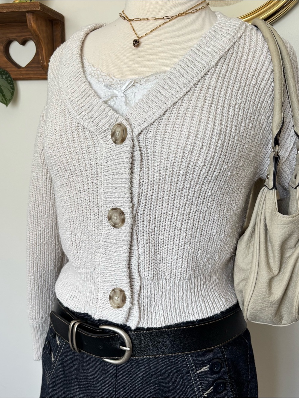 American Eagle Outfitters Cream Cropped V-Neck Button Cardigan
